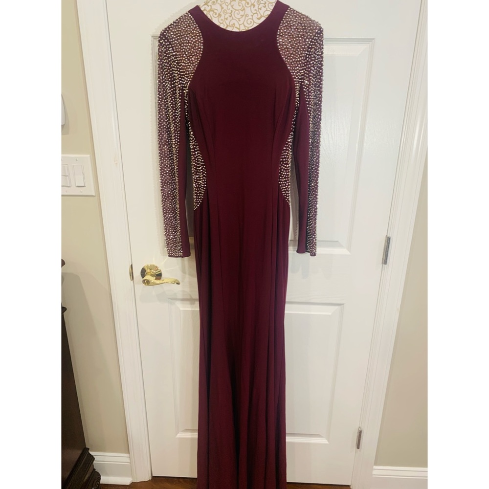 Long sleeve modest elegant evening gown purple